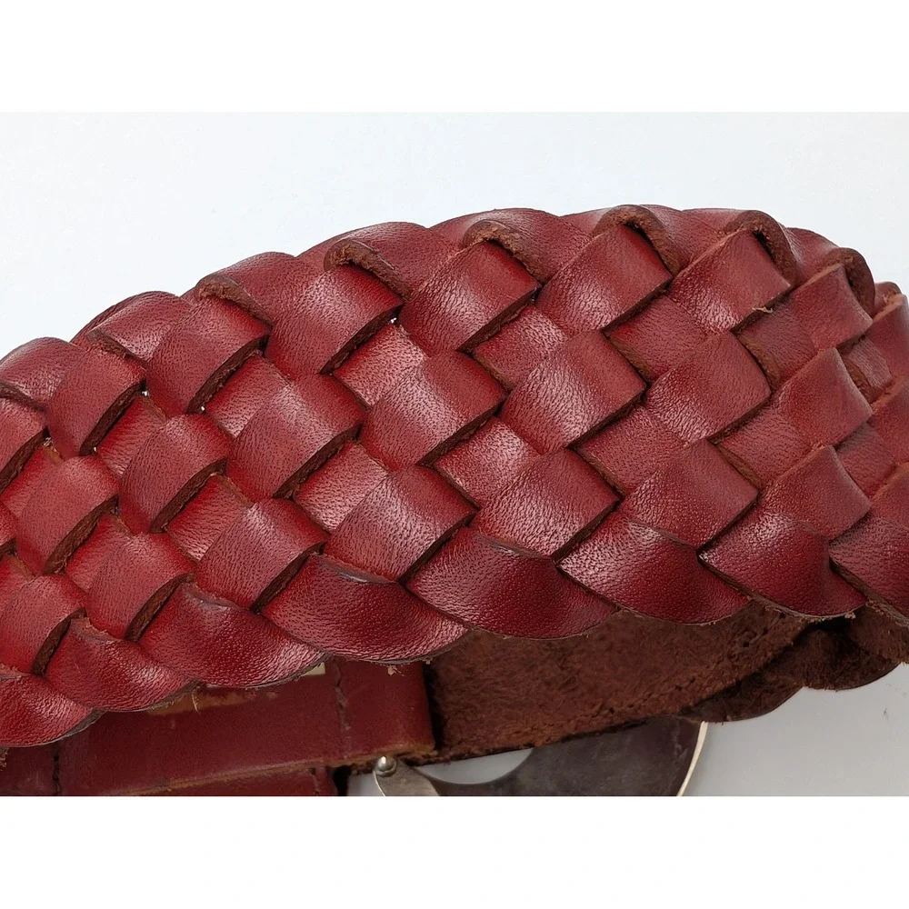 Belt‎ L Red Woven Leather Western Braided Silver Buckle Wide Boho Cowboy Unisex